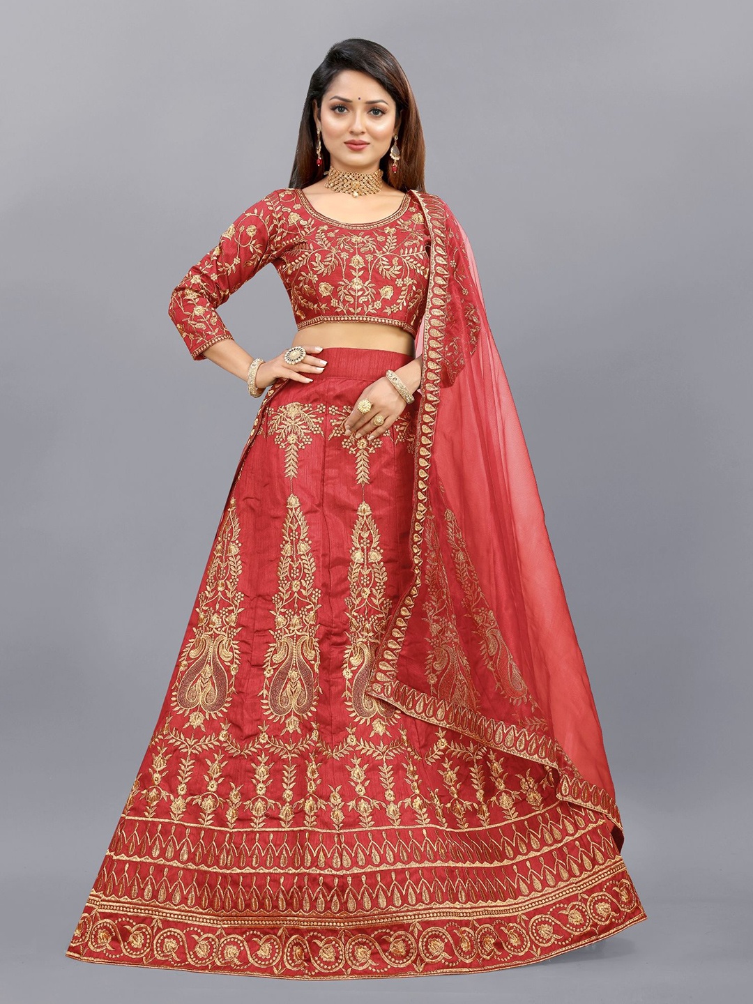 

APNISHA Embroidered Semi Stitched Lehenga & Unstitched Blouse With Dupatta, Red