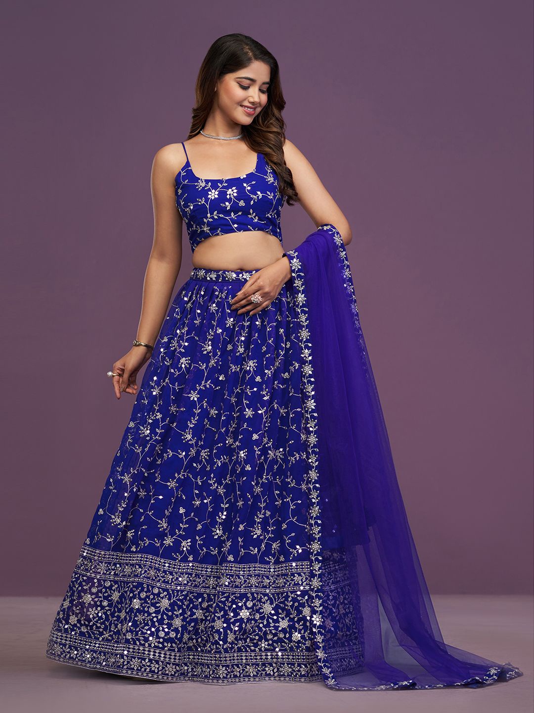 

JIHU CULTURE Embellished Sequinned Semi-Stitched Lehenga & Blouse With Dupatta, Blue