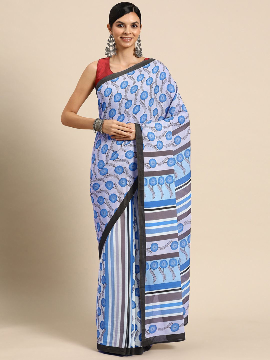 

BUTA BUTI Floral Printed Pure Cotton Saree, Blue