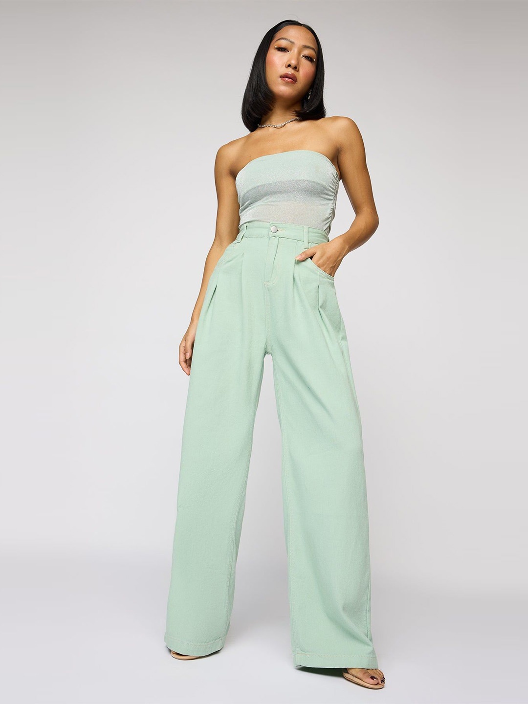

FREAKINS Women Flared High-Rise Denim Korean Jeans Pant, Green