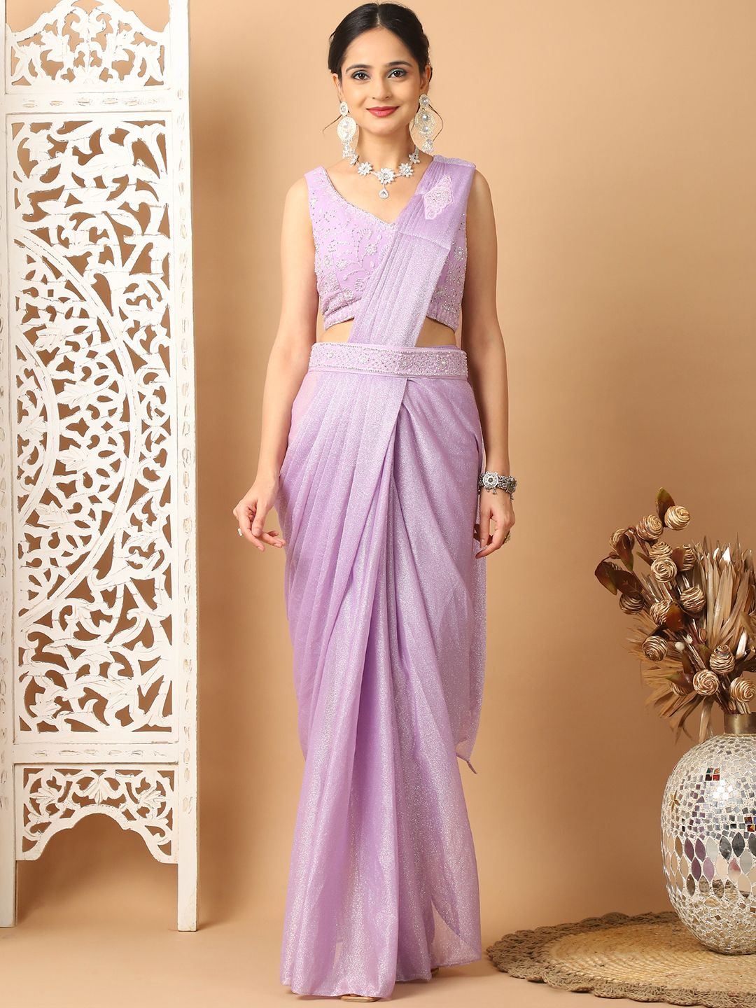 

Grancy Embellished Beads and Stones Ready to Wear Saree, Lavender