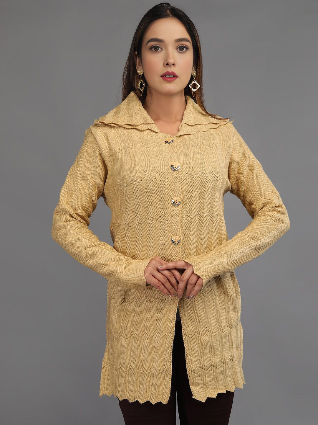 

TYSORT Women Woollen Self design Longline Cardigan, Beige