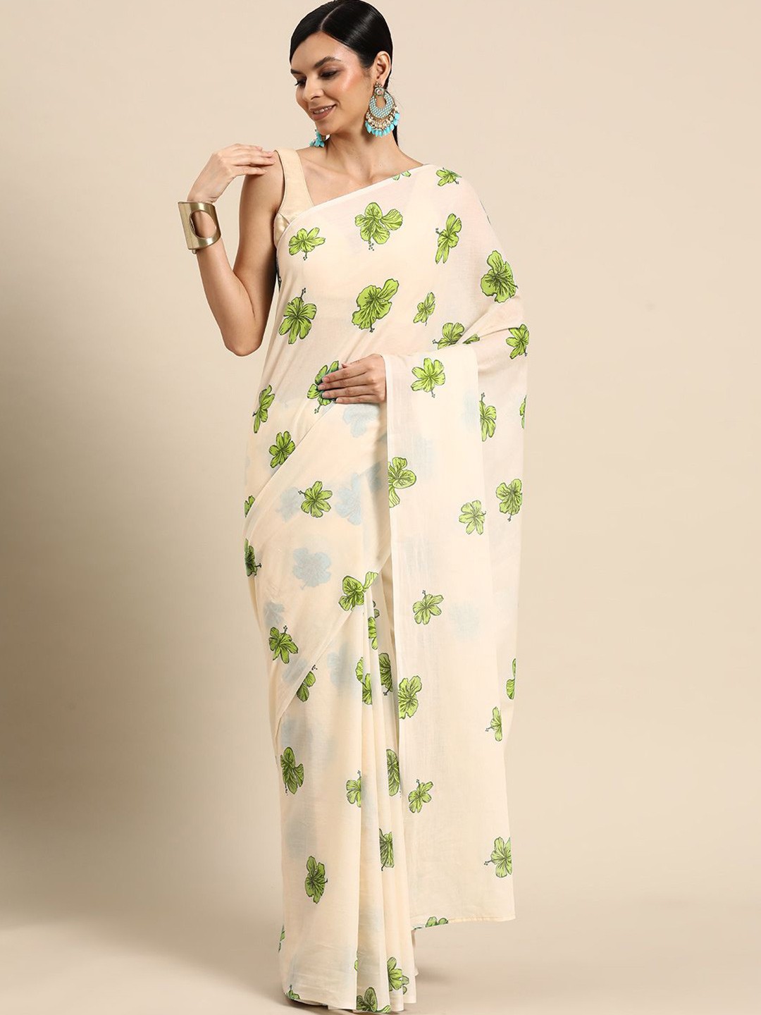 

BUTA BUTI Floral Pure Cotton Saree, Olive