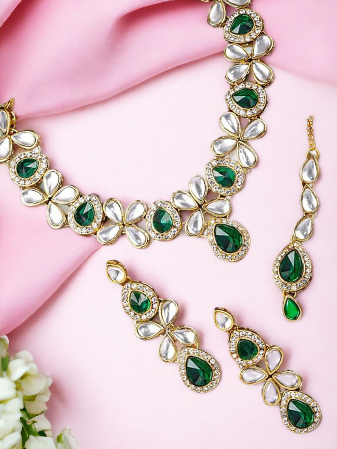 

House of Pataudi Kundan & Stones Studded Ethnic Jewellery Set, Green