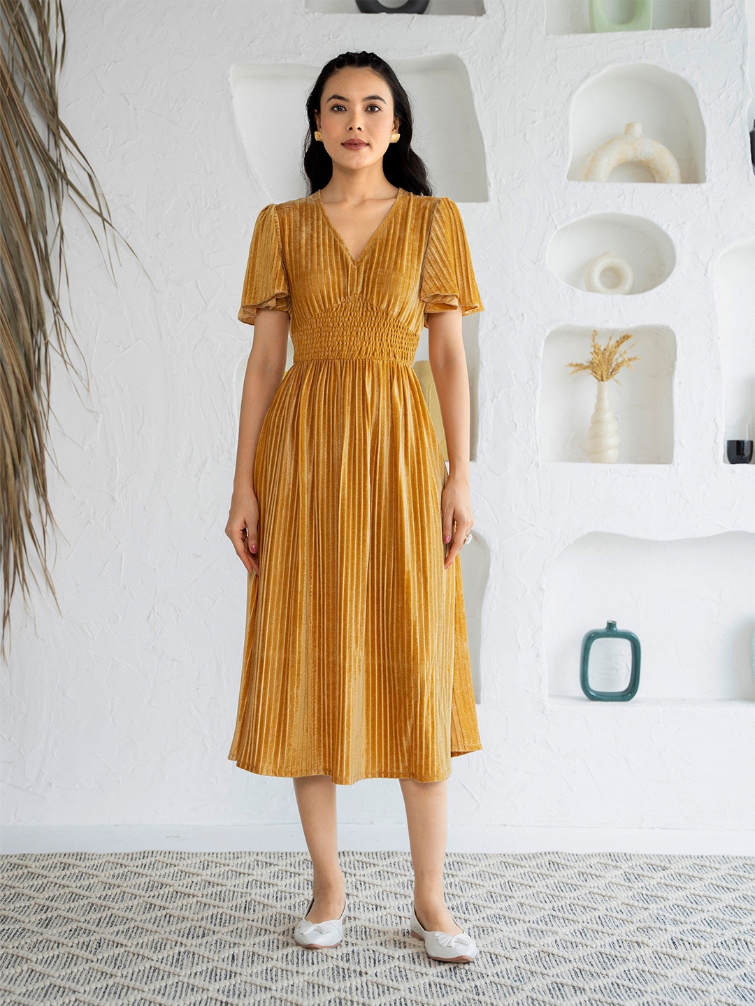 

AASK Floral Puff Sleeve Velvet Fit & Flare Dress, Mustard
