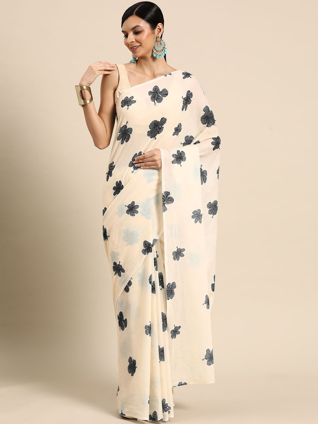 

BUTA BUTI Floral Pure Cotton Printed Saree, Peach