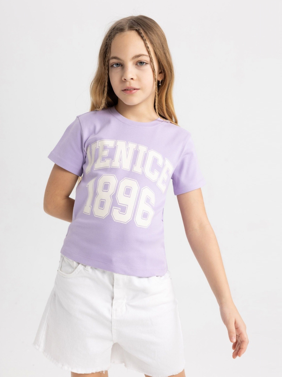 

DeFacto Girls Typography Printed Round Neck Cotton T-shirt, Lavender