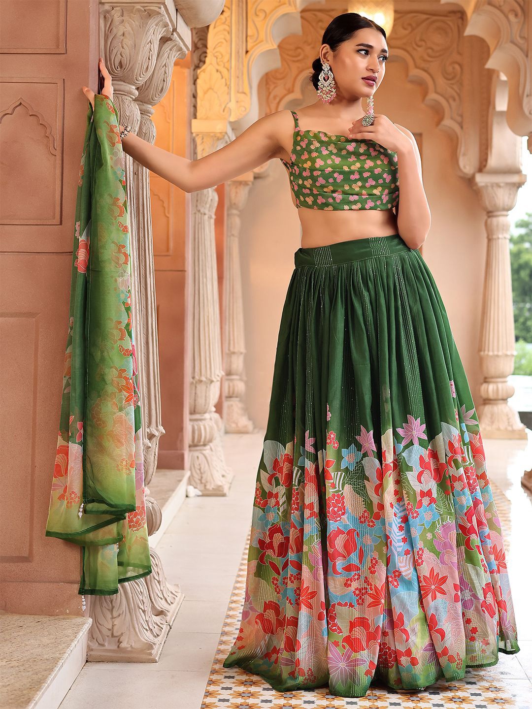 

PURVAJA Printed Thread Work Ready to Wear Lehenga & Unstitched Blouse With Dupatta, Green