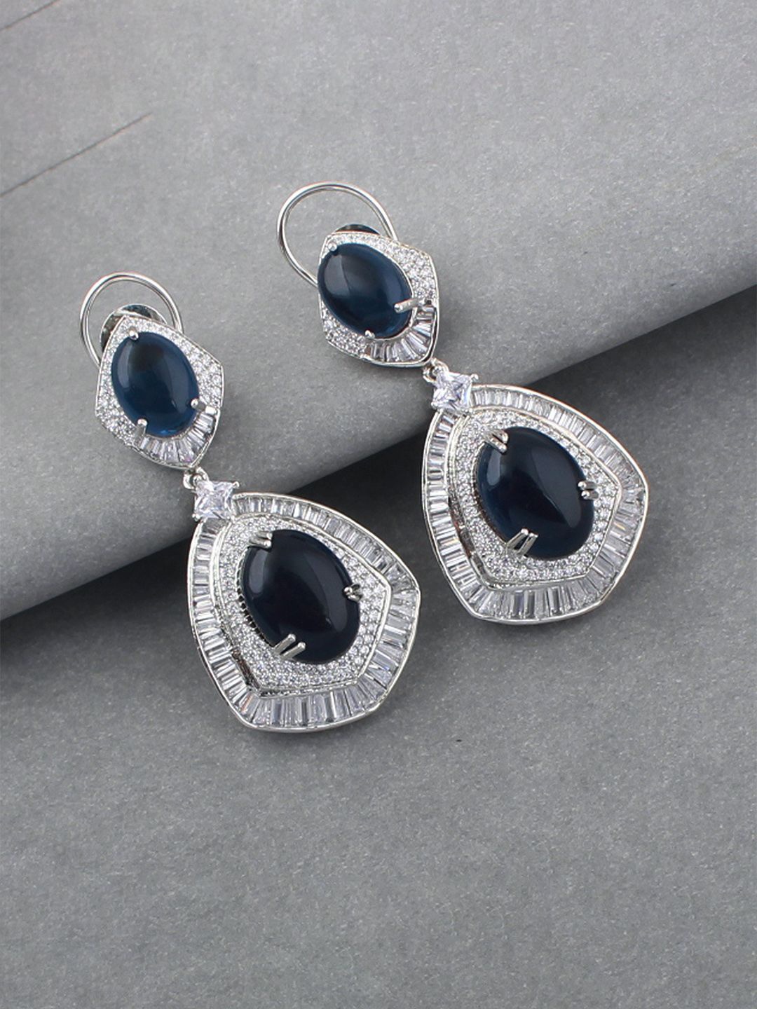 

Mirana Rhodium-Plated American Diamond Studded Contemporary Drop Earrings, Silver