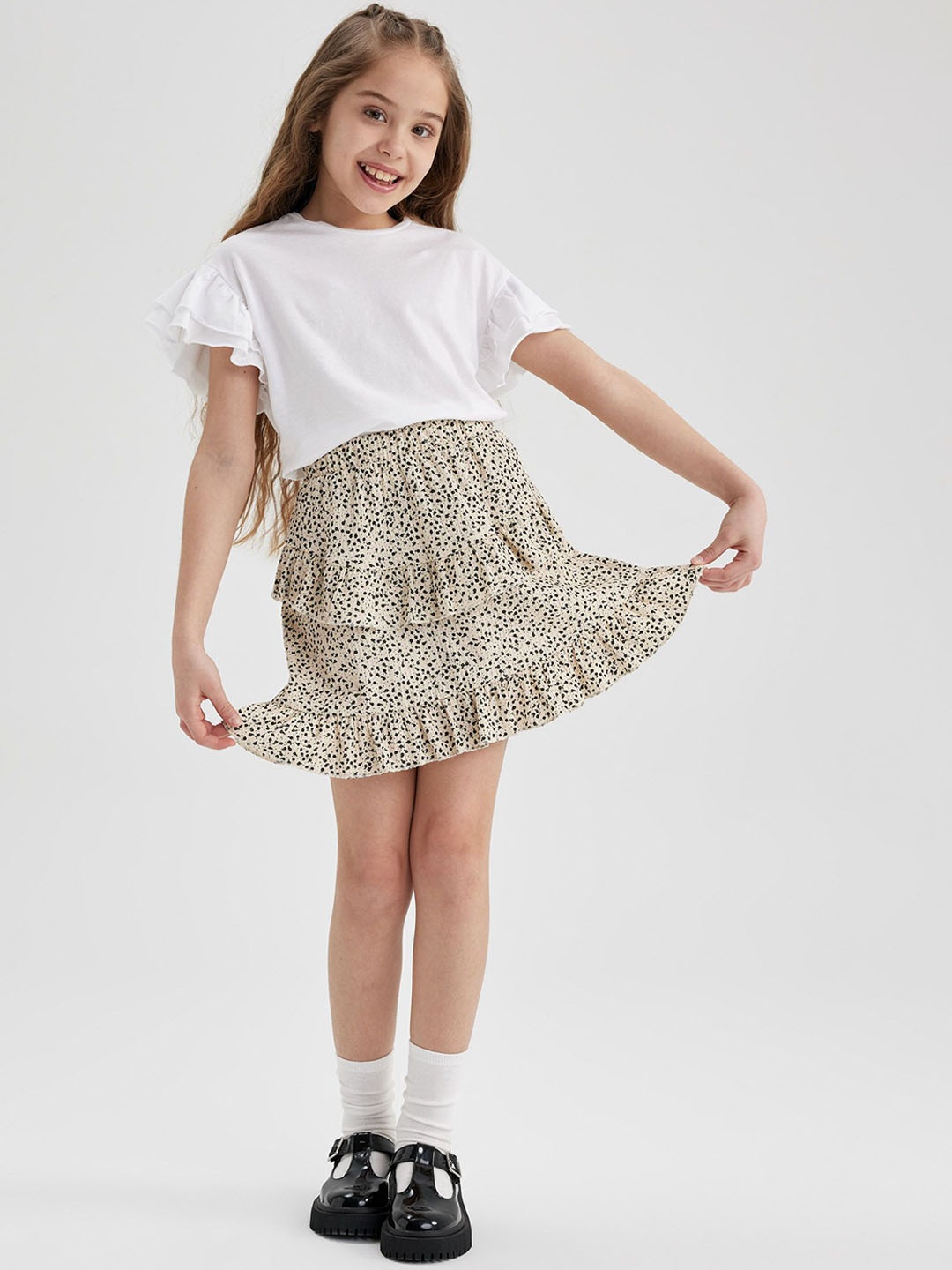 

DeFacto Girls Printed Flared Above Knee Skirts, Beige