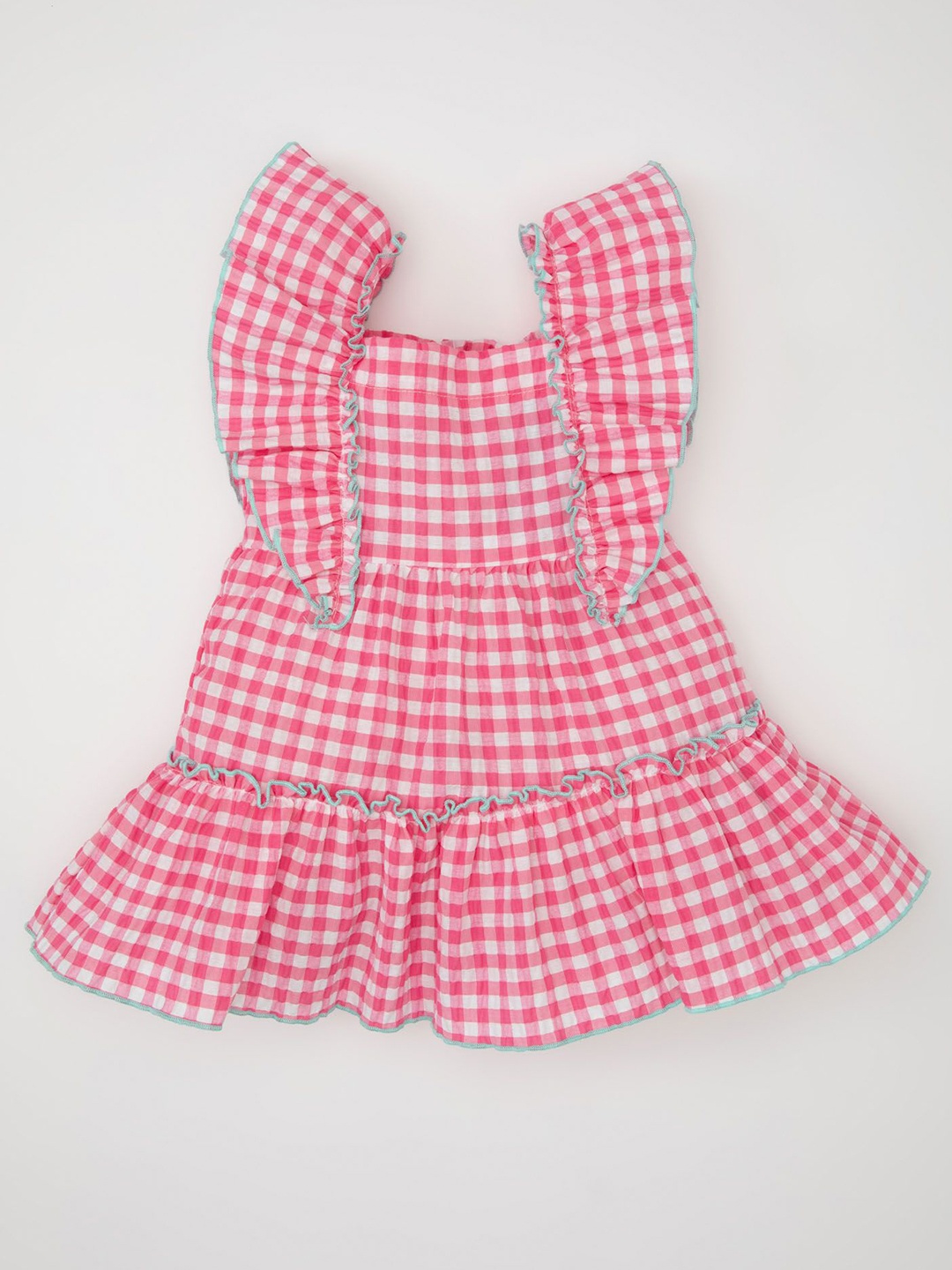 

DeFacto Checked Flutter Sleeve Square Neck Drop-Waist Dress, Pink