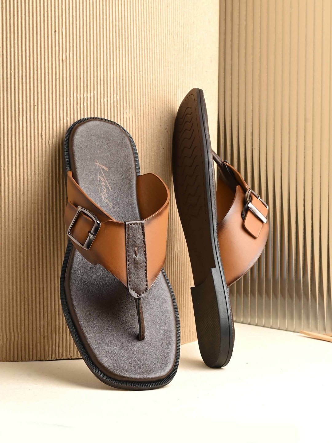 

knoos Men Textured Ethnic Laser Cuts Open Toe Flats, Tan