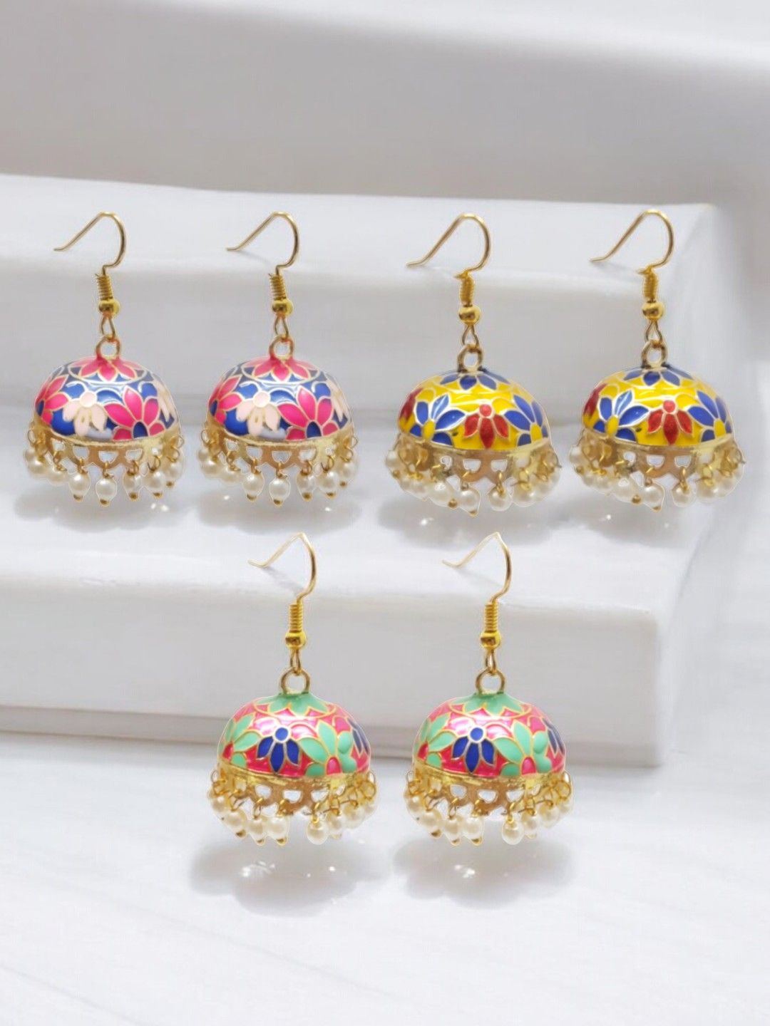 

OOMPH Set Of 3 Artificial Beaded Dome Shaped Meenakari Jhumkas, Blue