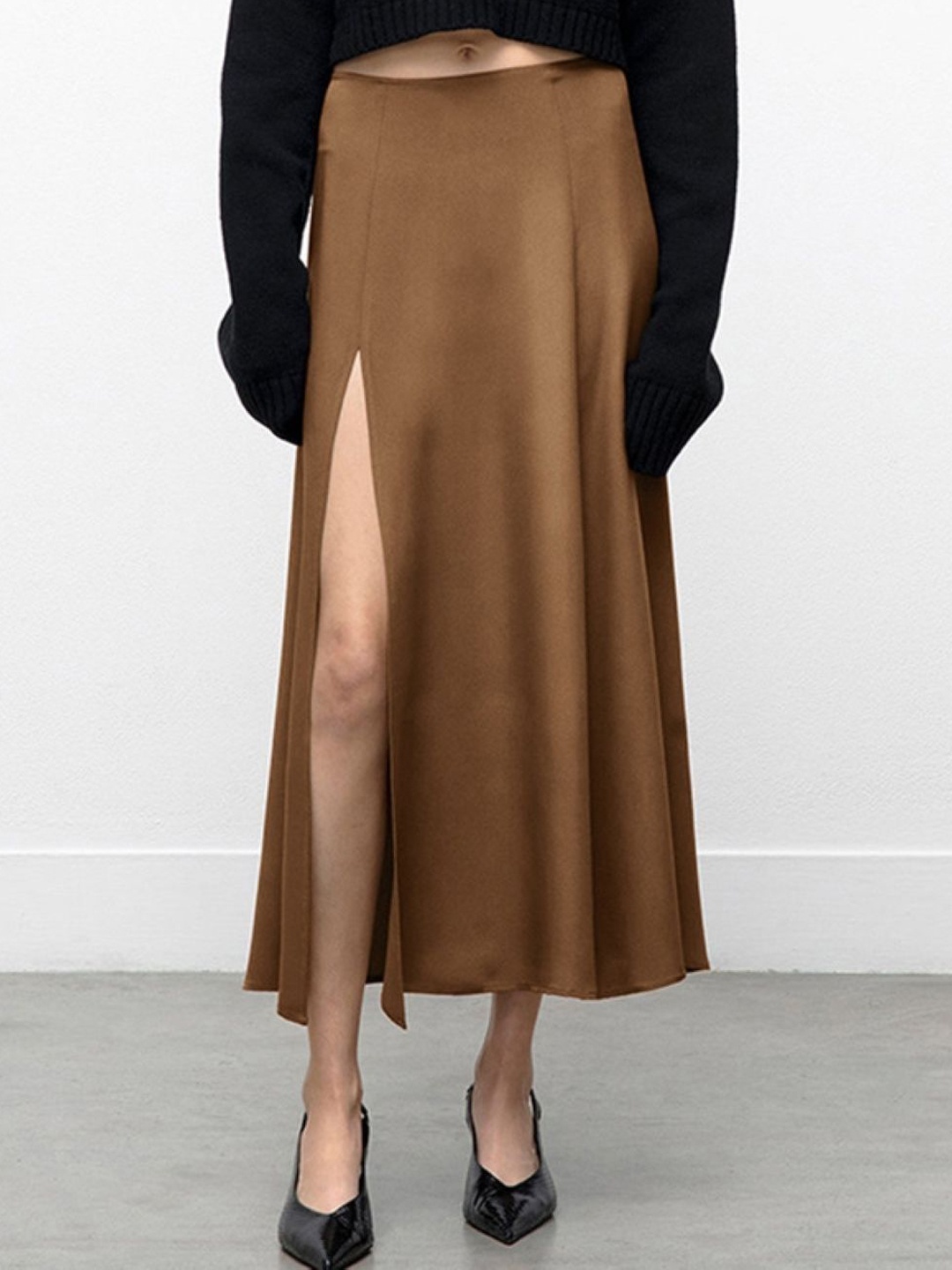 

KPOP Women Solid Midi A-Line Skirt, Brown