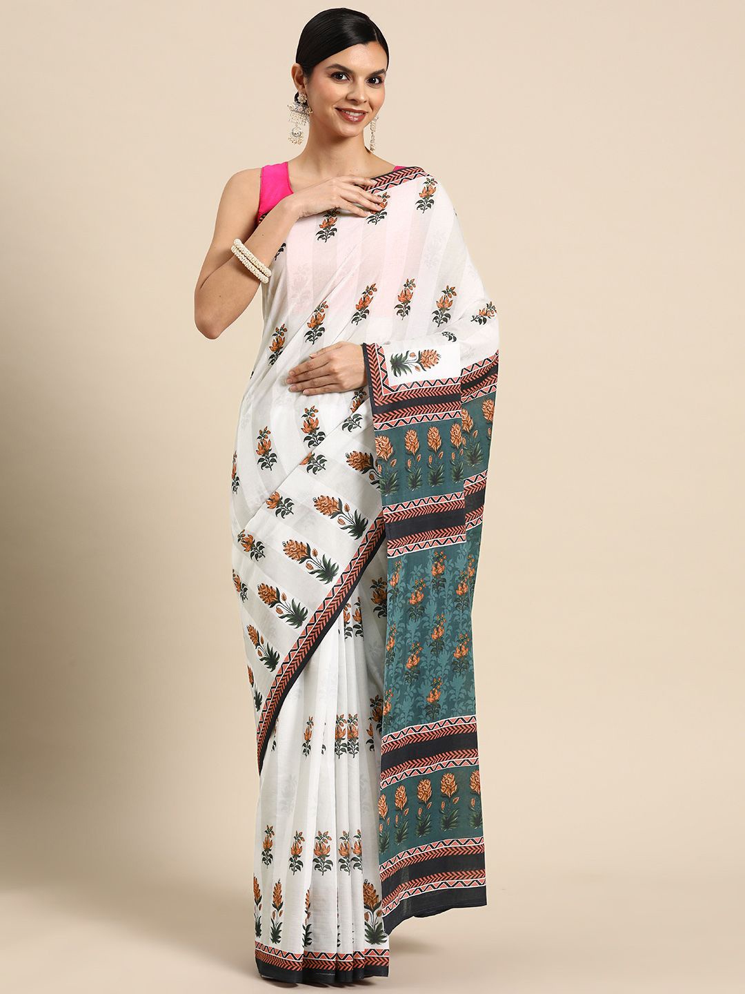 

BUTA BUTI Ethnic Motifs Pure Cotton Printed Saree, Orange
