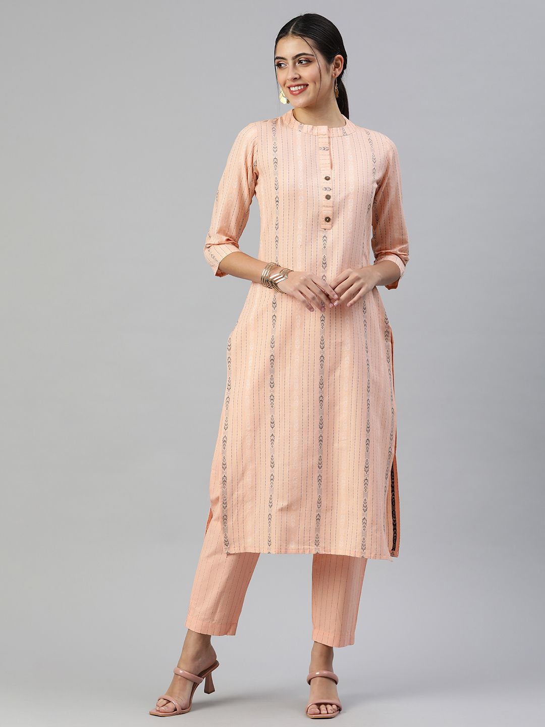 

Shaily Striped Printed Mandarin Collar Straight Kurta With Trousers, Peach