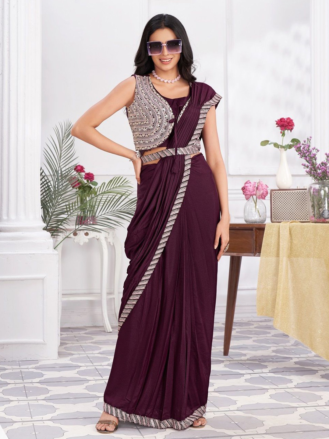 

JIVORA Beads and Stones Shimmer Pure Georgette Ready to Wear Saree, Violet