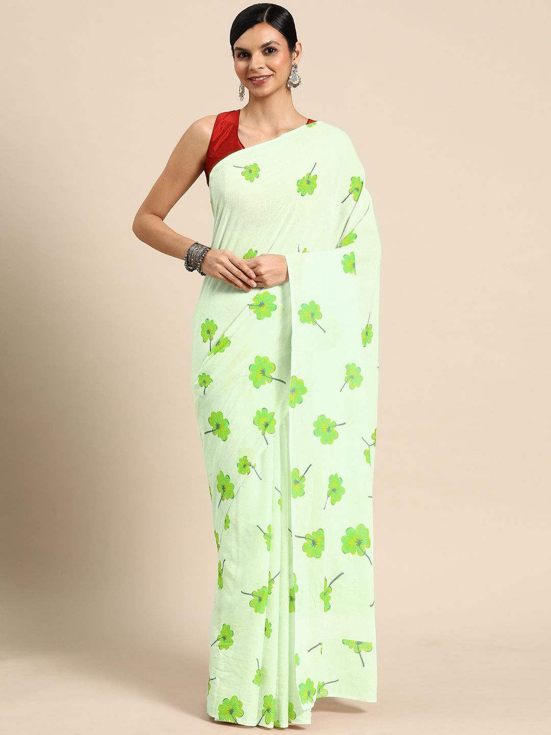 

BUTA BUTI Floral Printed Pure Cotton Saree, Green