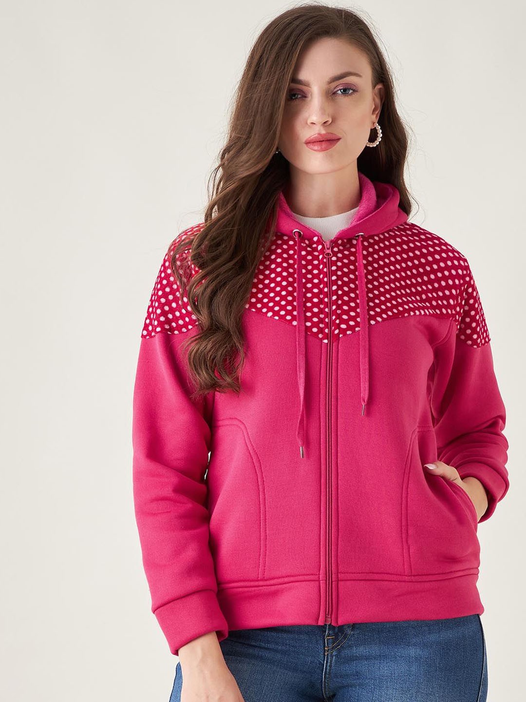 

PIVL Women Polka Dots Printed Windcheater Hooded Jacket, Pink