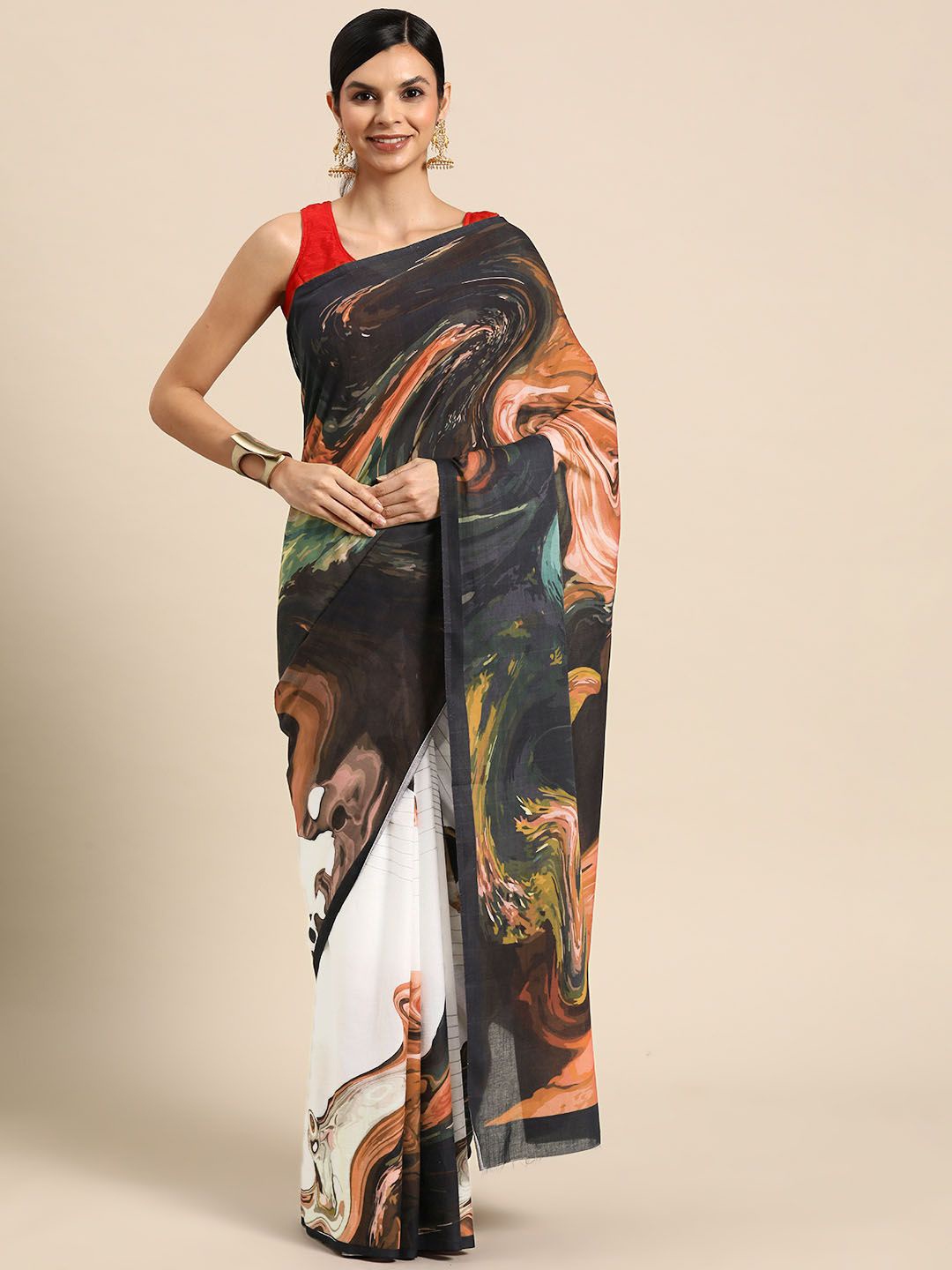 

BUTA BUTI Abstract Printed Cotton Saree, Copper