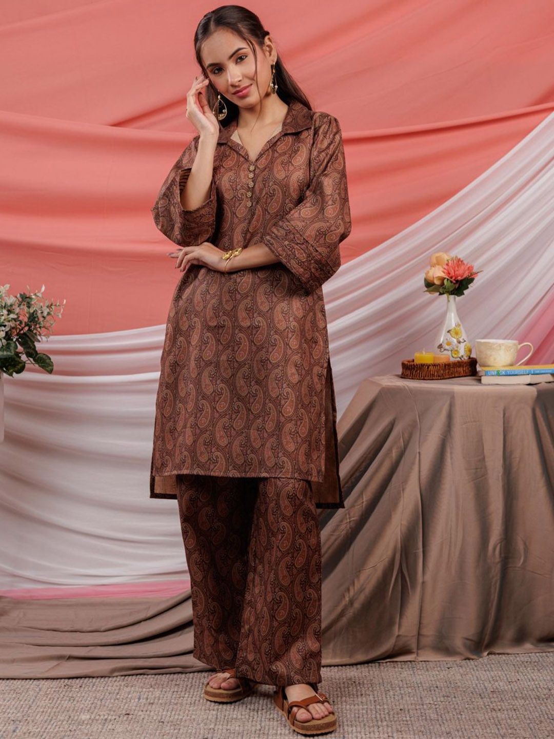 

Yufta Paisley Printed Shirt Collar Pure Cotton Tunic With Palazzos, Brown