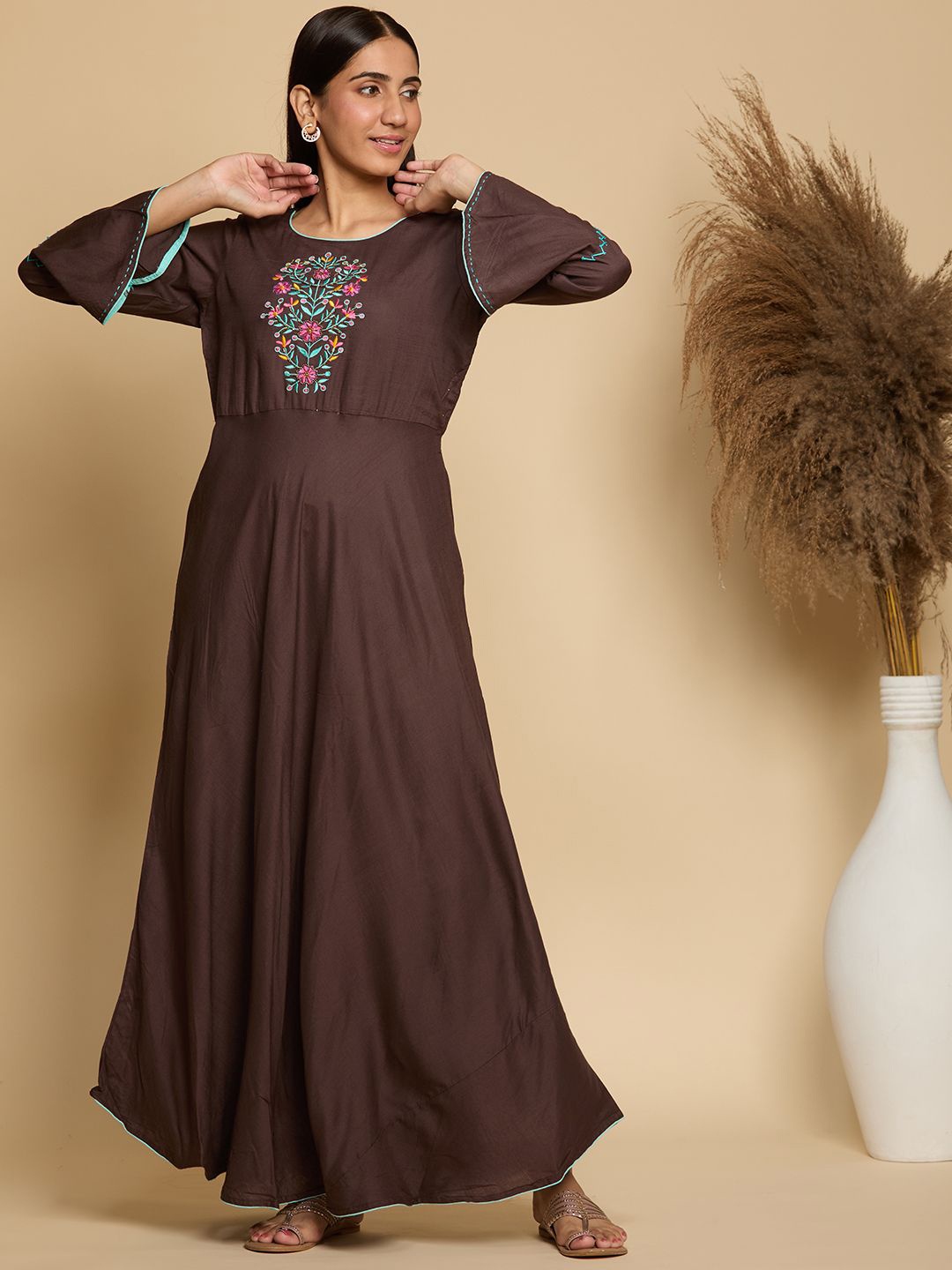 

Chandbaali Floral Embroidered A-Line Pure Cotton Maxi Ethnic Dress, Brown