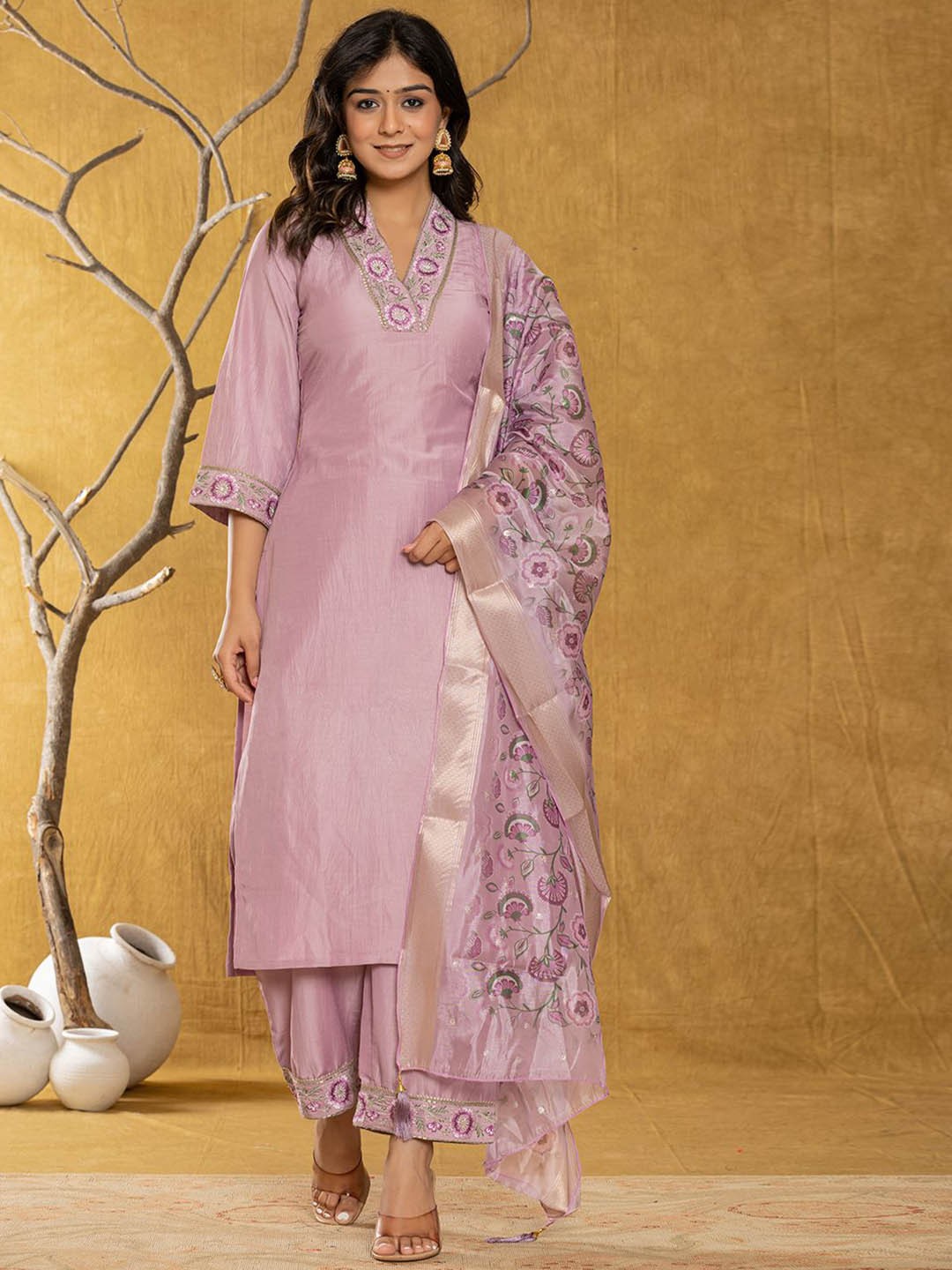 

Yufta Floral Embroidered Straight Kurta With Trousers & Dupatta, Purple