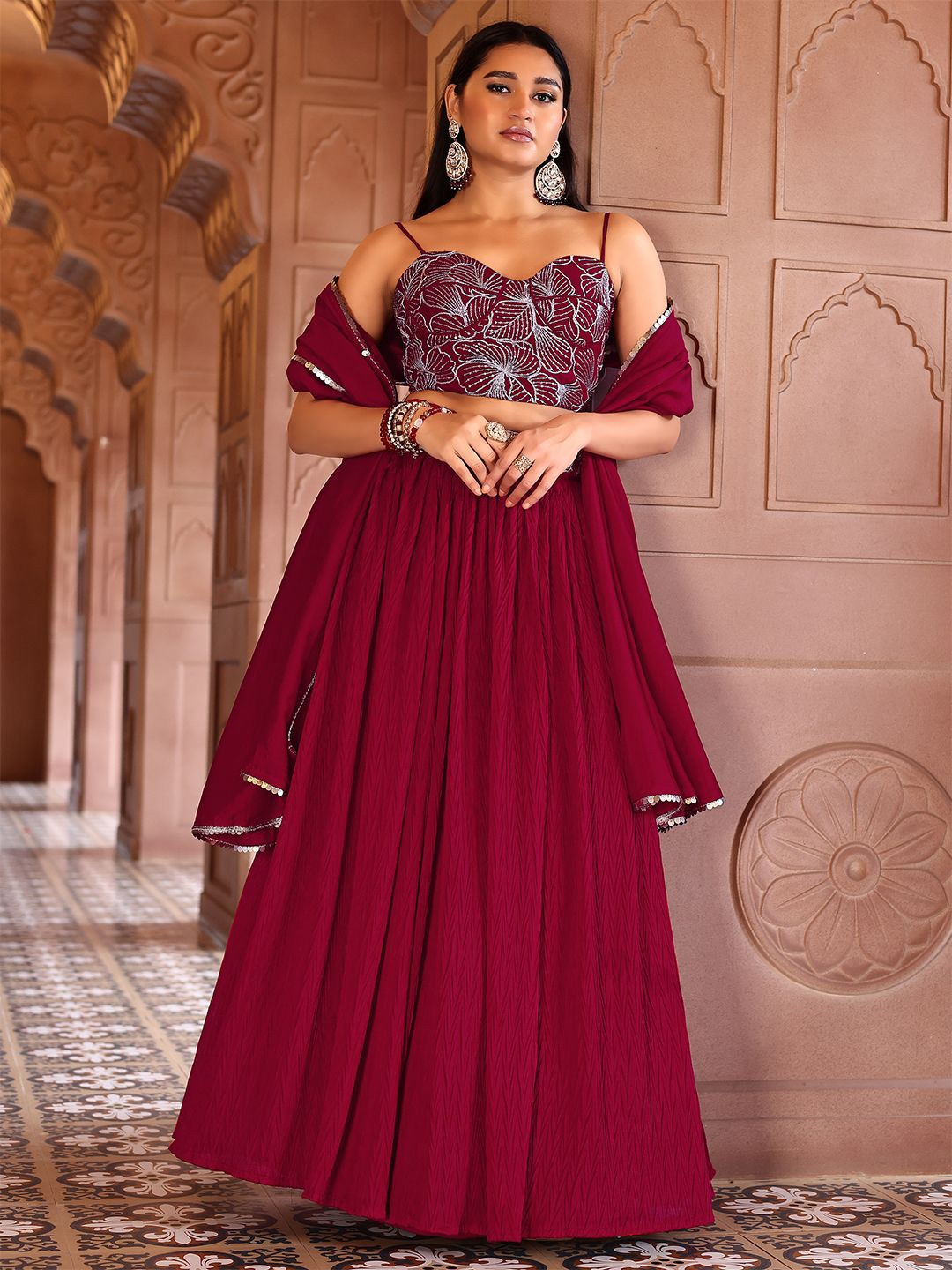 

PURVAJA Embroidered Sequinned Ready to Wear Lehenga & Unstitched Blouse With Dupatta, Red