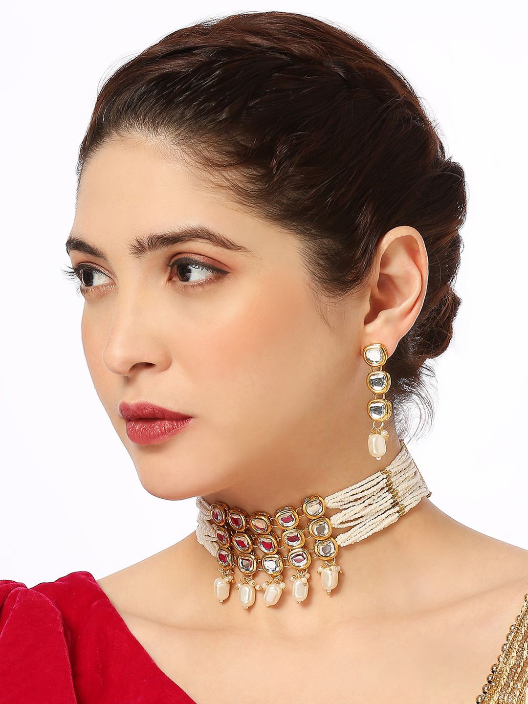 

House of Pataudi Kundan Stone Studded & Beaded Jewellery Set, Gold