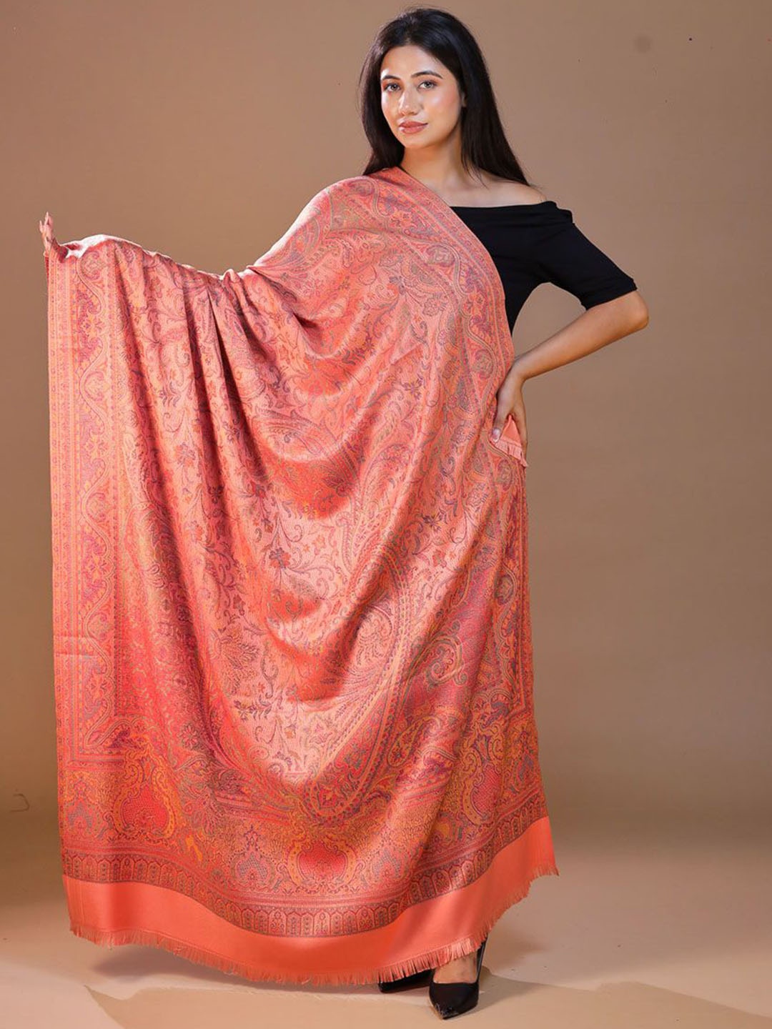 

SWI Stylish Floral Woven Design Woolen Shawl, Peach