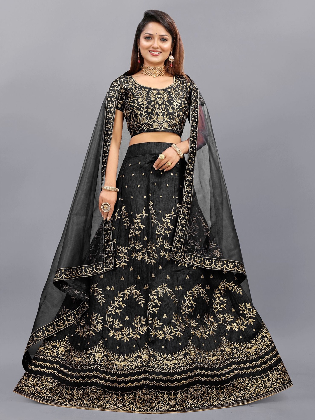 

APNISHA Embroidered Semi Stitched Lehenga & Unstitched Blouse With Dupatta, Black