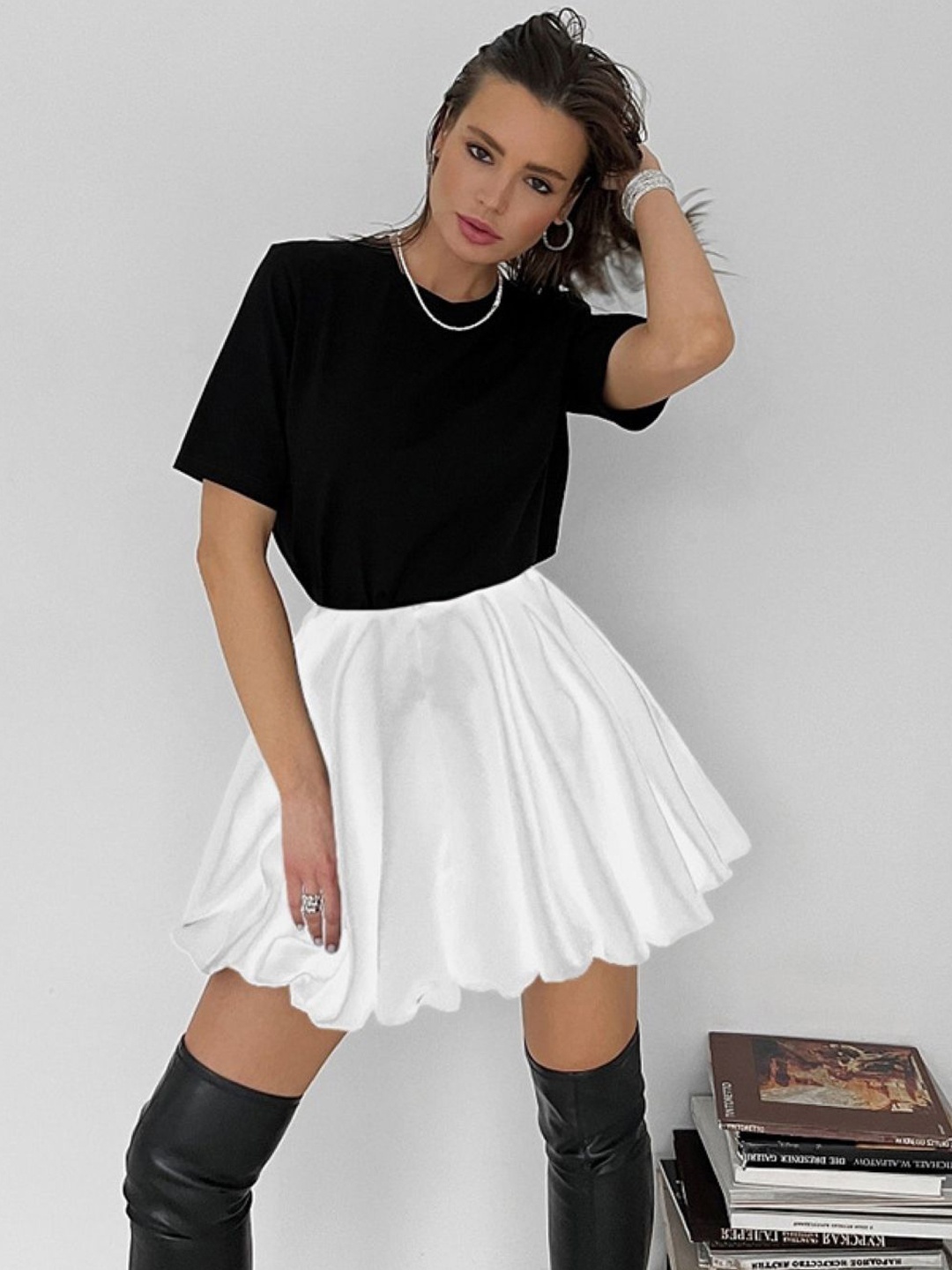 

KPOP Women Solid A-Line Mini Slip-On Skirt, White