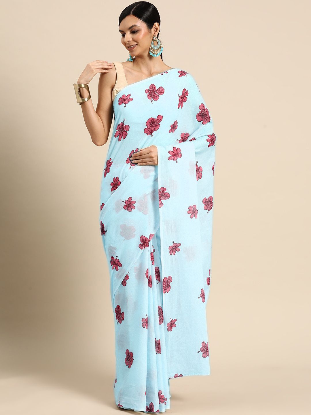

BUTA BUTI Floral Printed Pure Cotton Saree, Red
