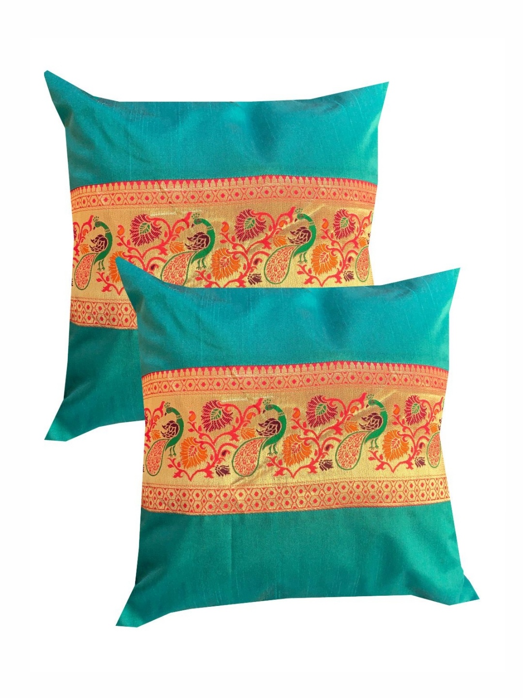 

Pink Parrot Green & Red 2 Pieces Ethnic Motifs Zari Work Square Cushion Covers, Blue