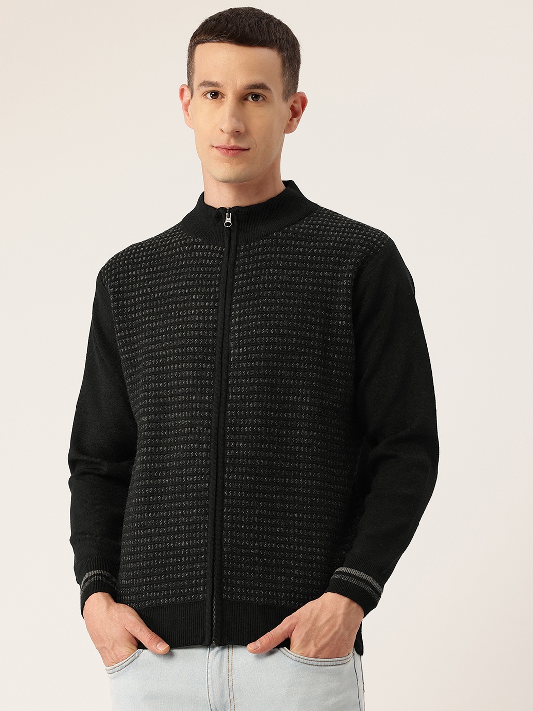 

Monte Carlo Geometric Self-Design Front-Open Sweater, Black