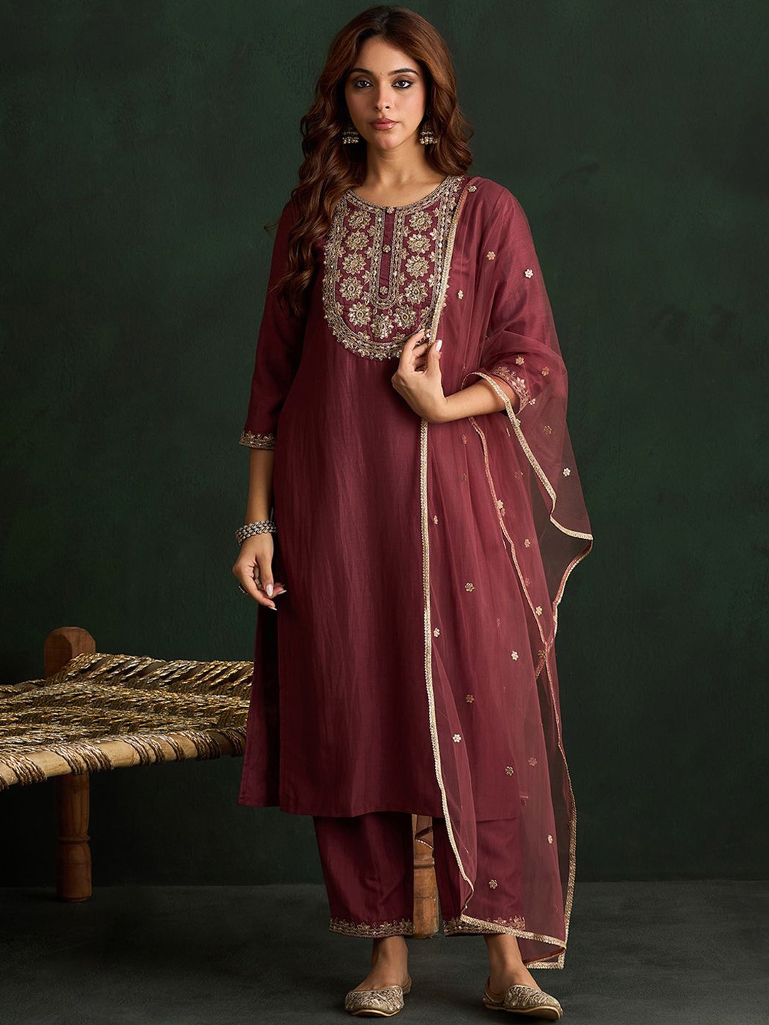 

Indo Era Floral Embroidered Straight Kurta with Trousers & Dupatta, Mauve