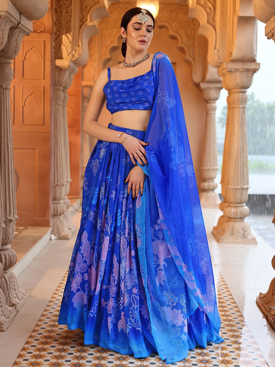 

PURVAJA Printed Thread Work Ready to Wear Lehenga & Unstitched Blouse With Dupatta, Blue