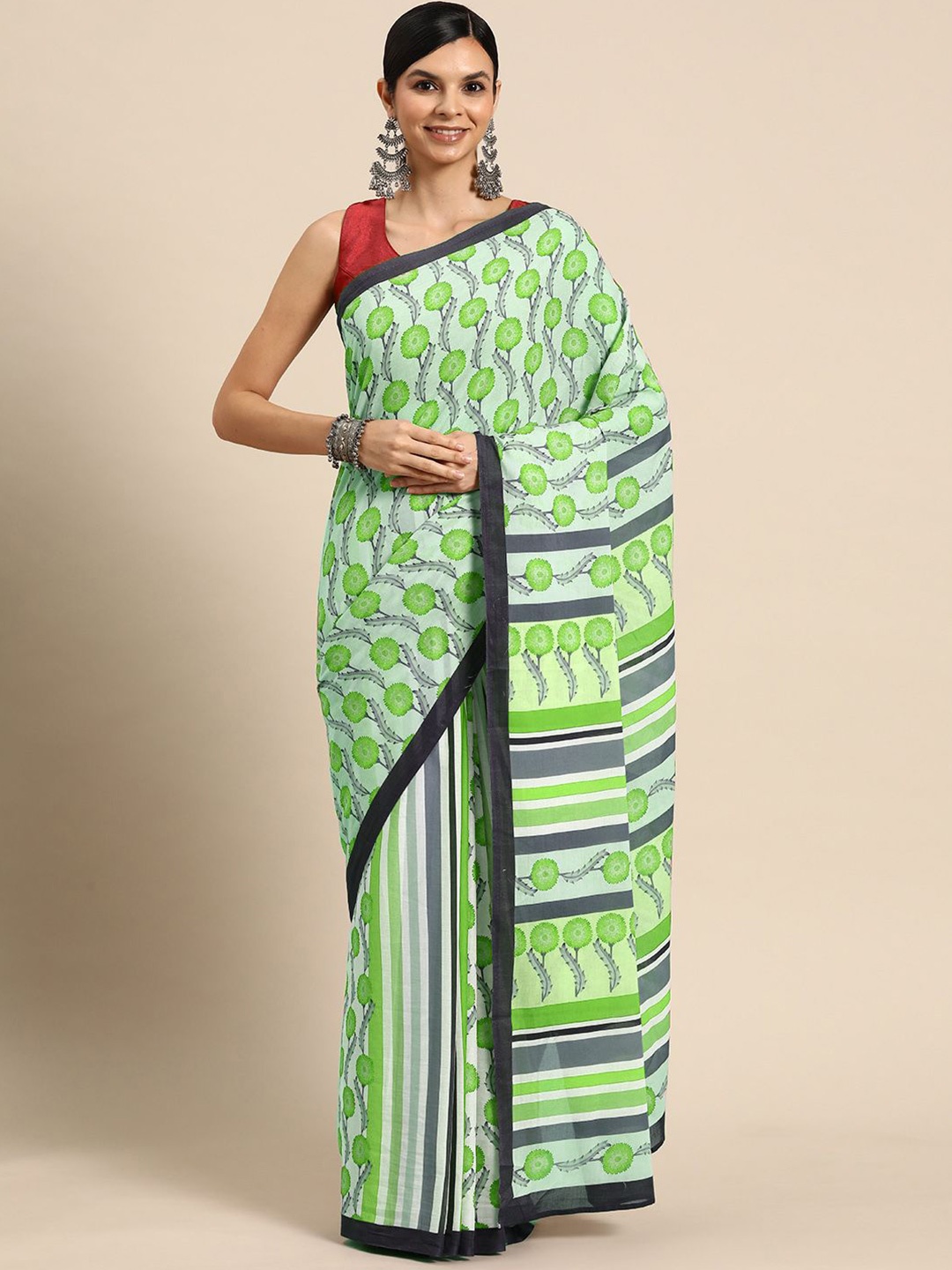 

BUTA BUTI Floral Printed Pure Cotton Saree, Green