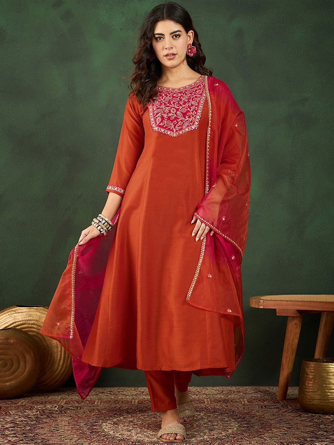 

Sangria Orange-Coloured Embroidered Zari A-Line Kurta With Trousers & Dupatta