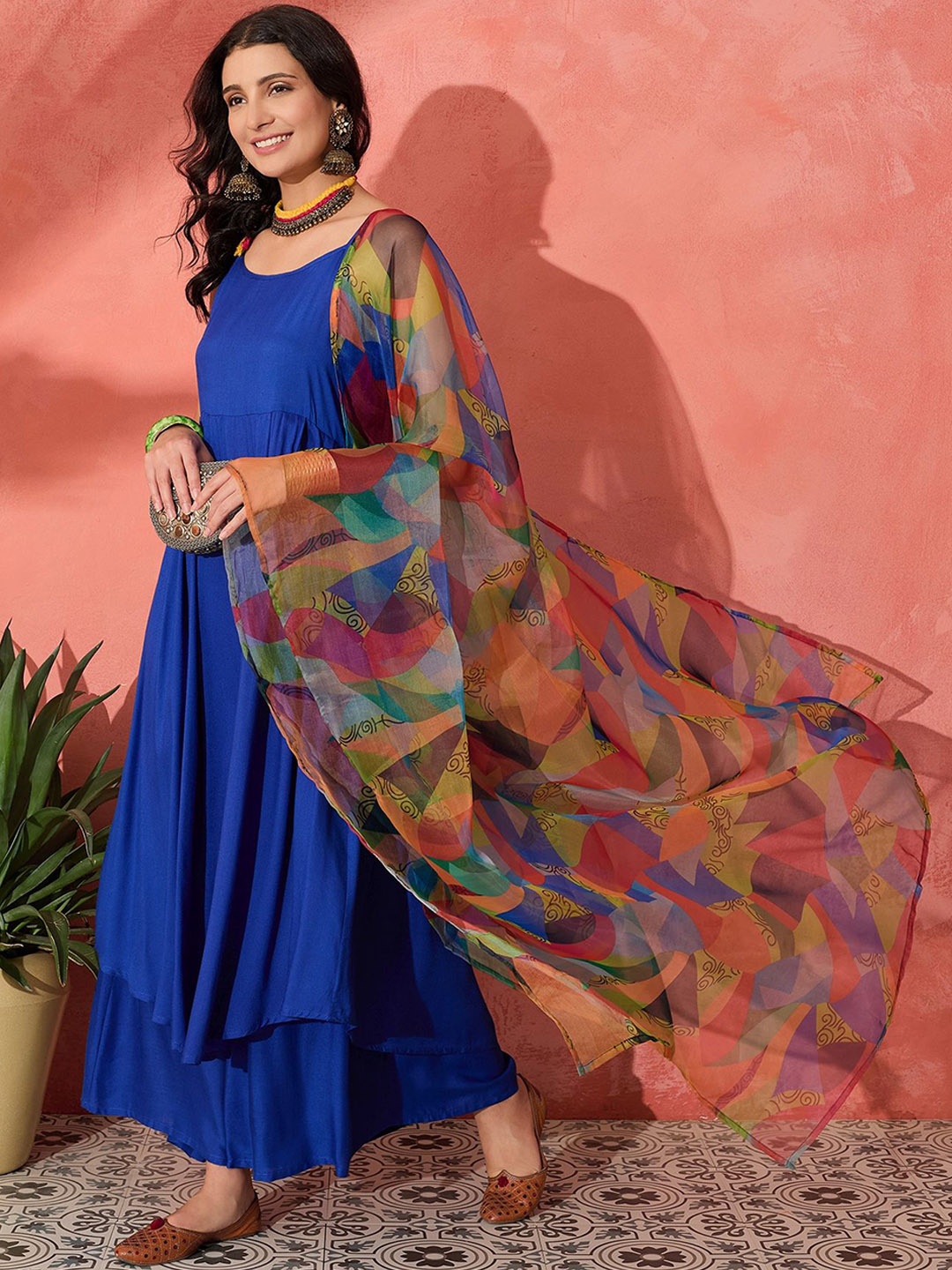 

InWeave Shoulder Straps A-Line Kurta With Palazzos & Dupatta, Blue