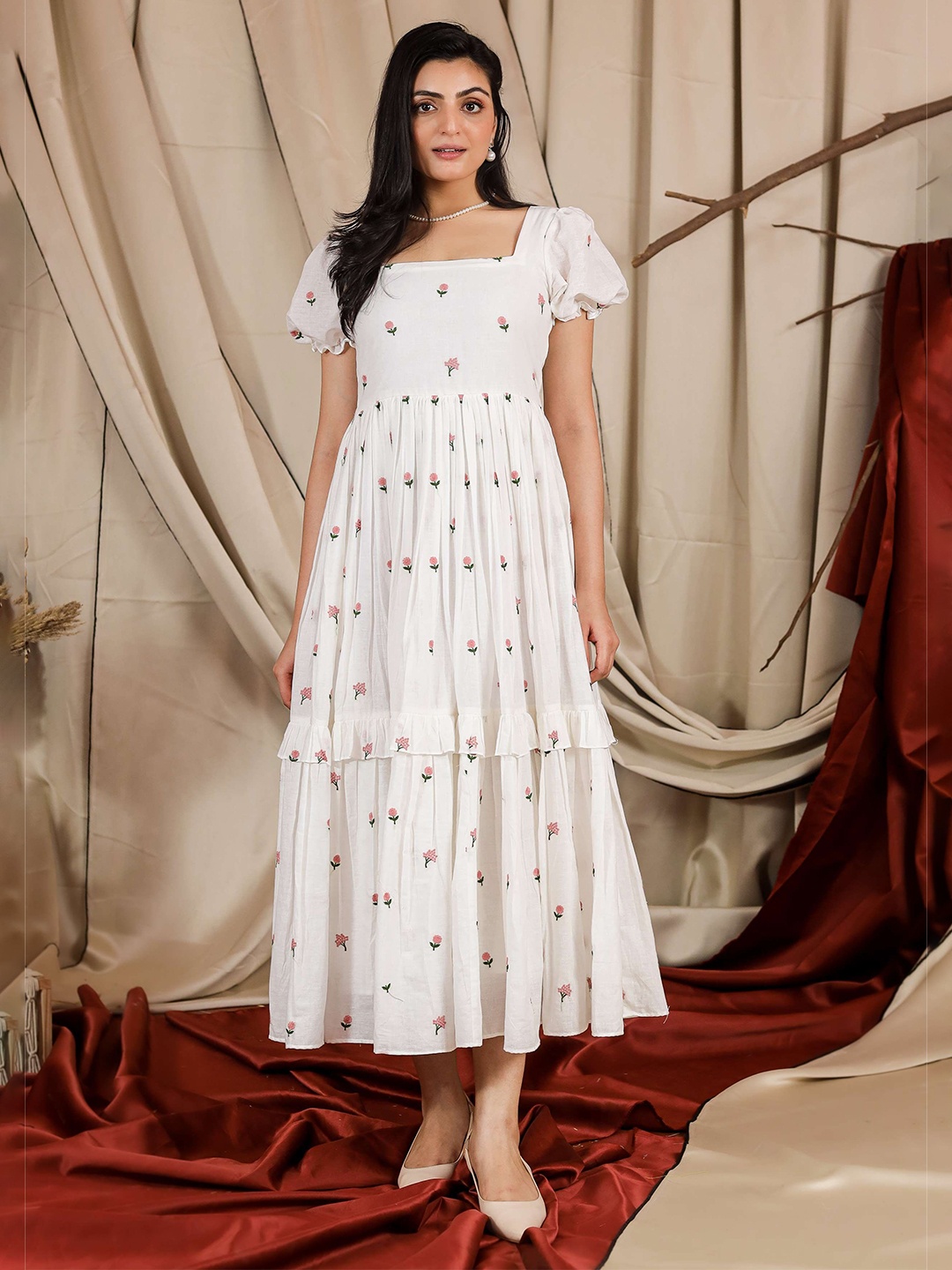 

Bullion Knot Floral Embroidered Puff Sleeve Ruffled Formal Fit & Flare Maxi Dress, White