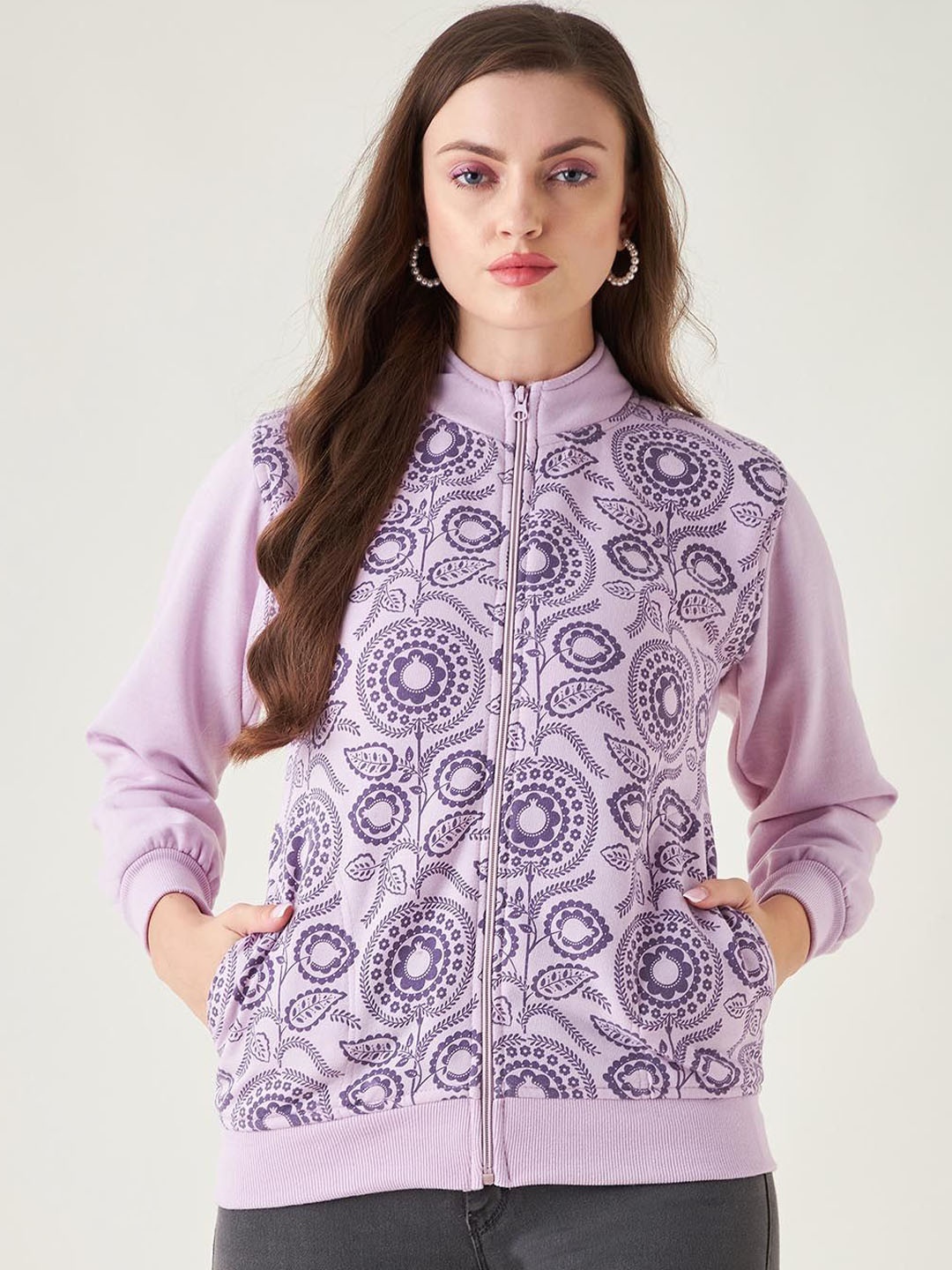 

PIVL Women Mock Collar Windcheater Floral Printed Jacket, Lavender
