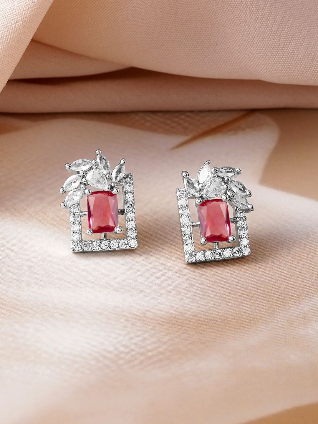 

Rubans Rhodium Plated Ruby & White Cubic Zirconia Studded Geometric Stud Earrings, Silver