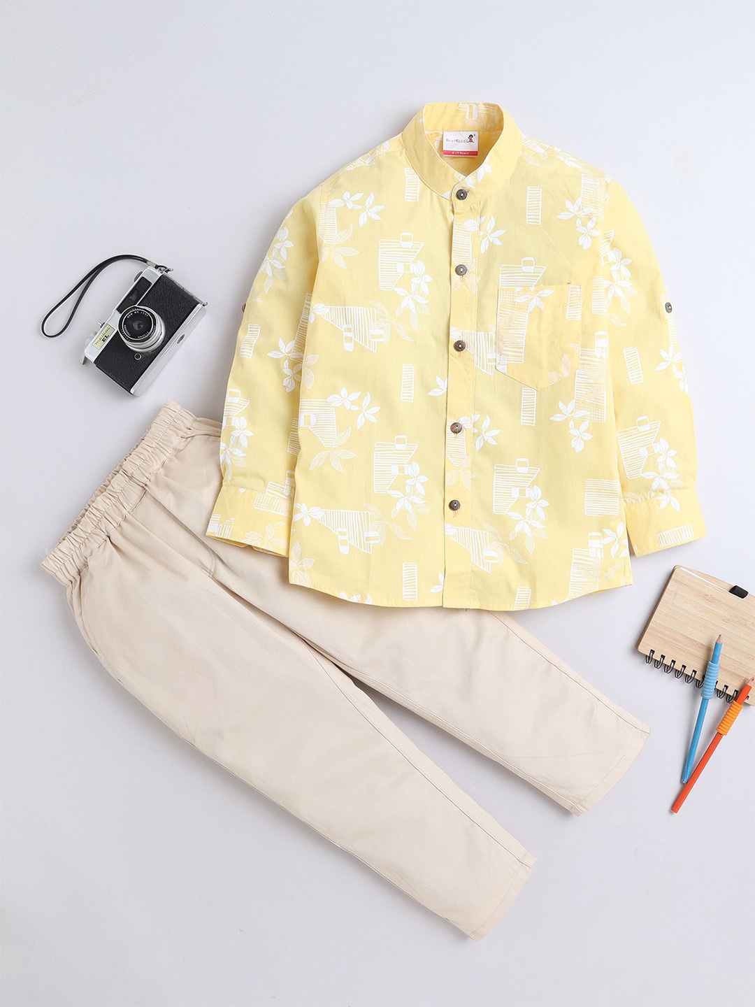 

BAATCHEET Boys Botanical Printed Cotton Shirt with Trousers, Yellow