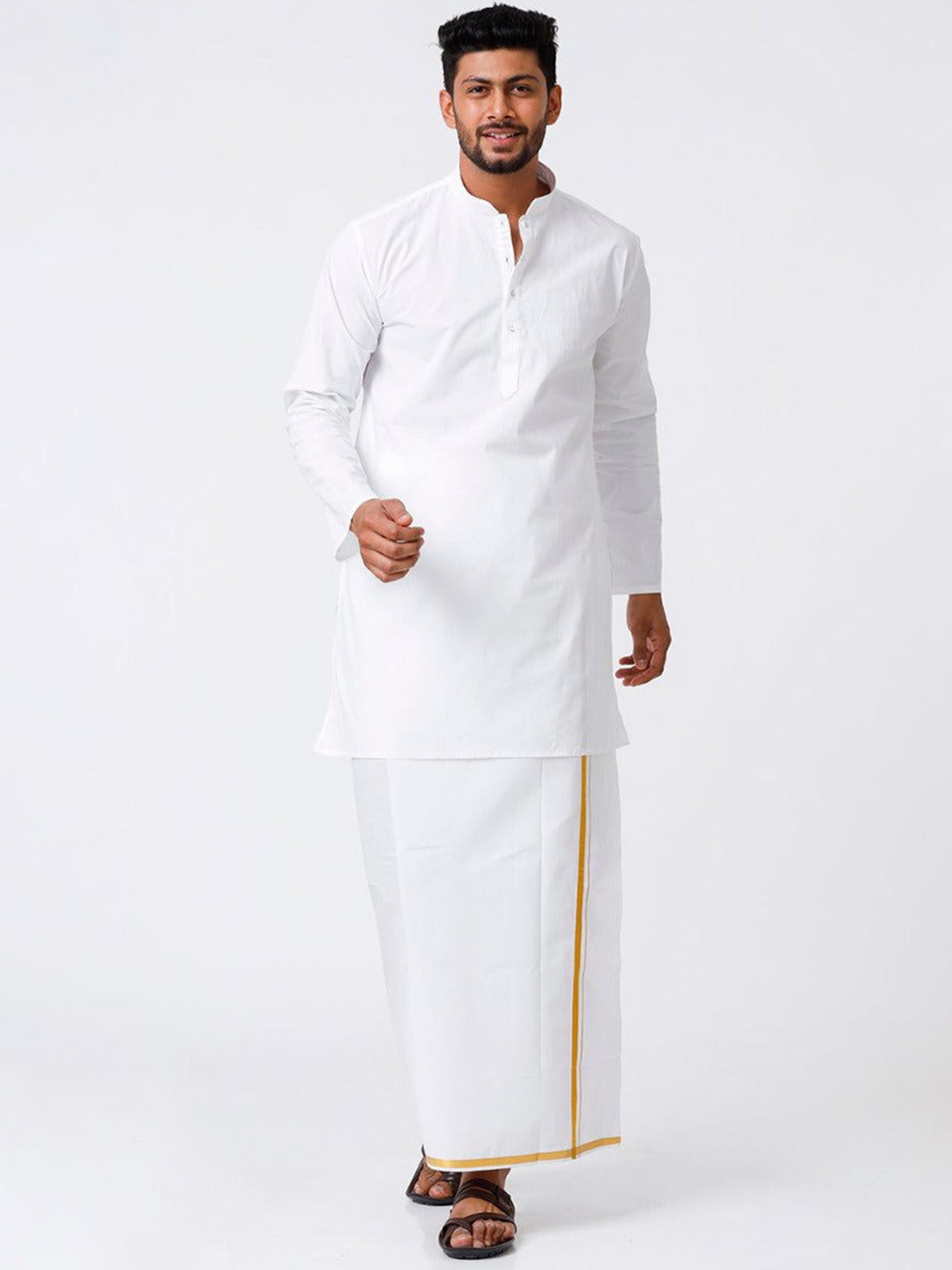 

Ramraj Mandarin Collar Pure Cotton Straight Kurta With Golden Zari Dhoti, White