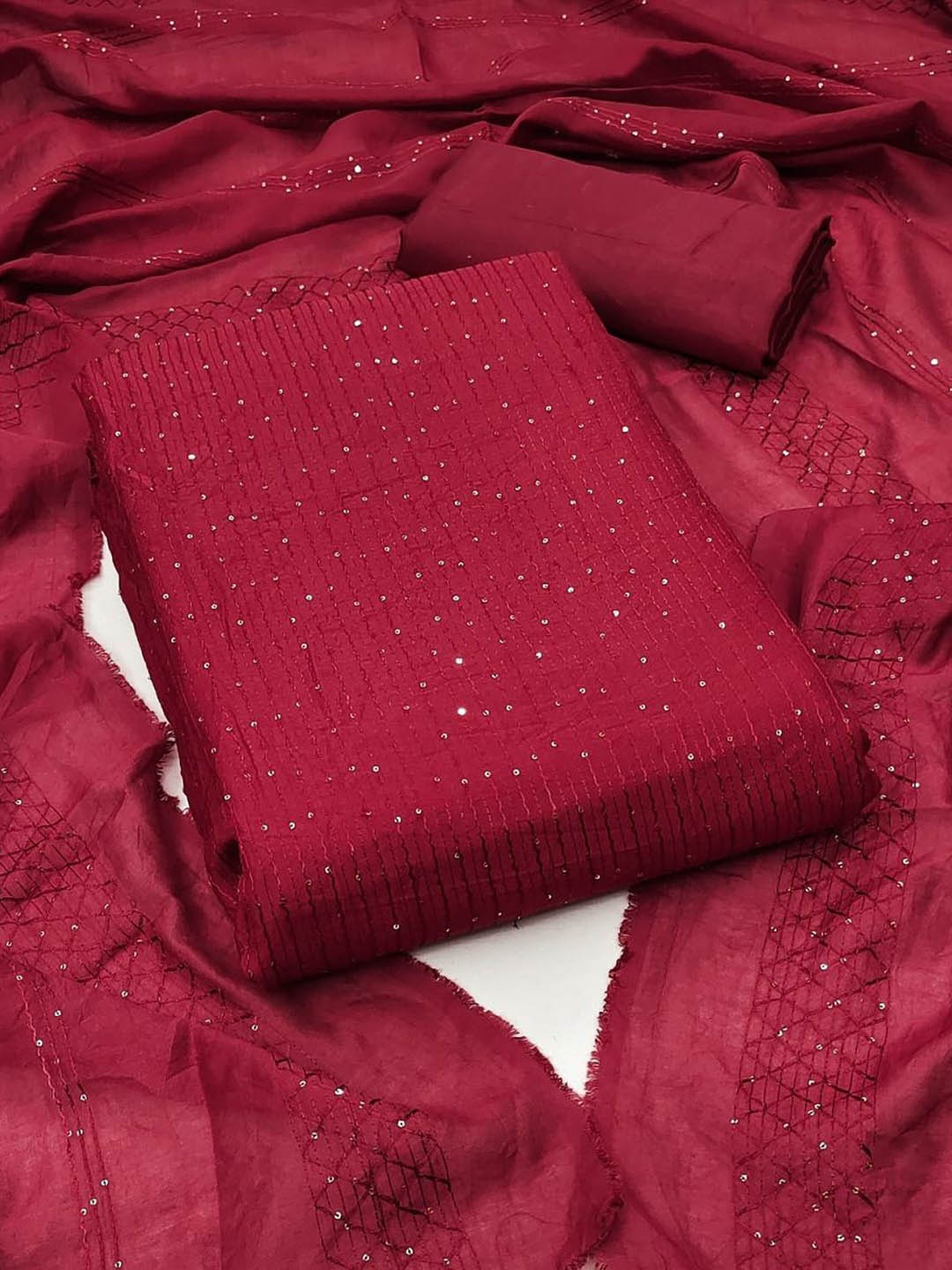 

APNISHA Embellished Sequinned Unstitched Dress Material, Maroon