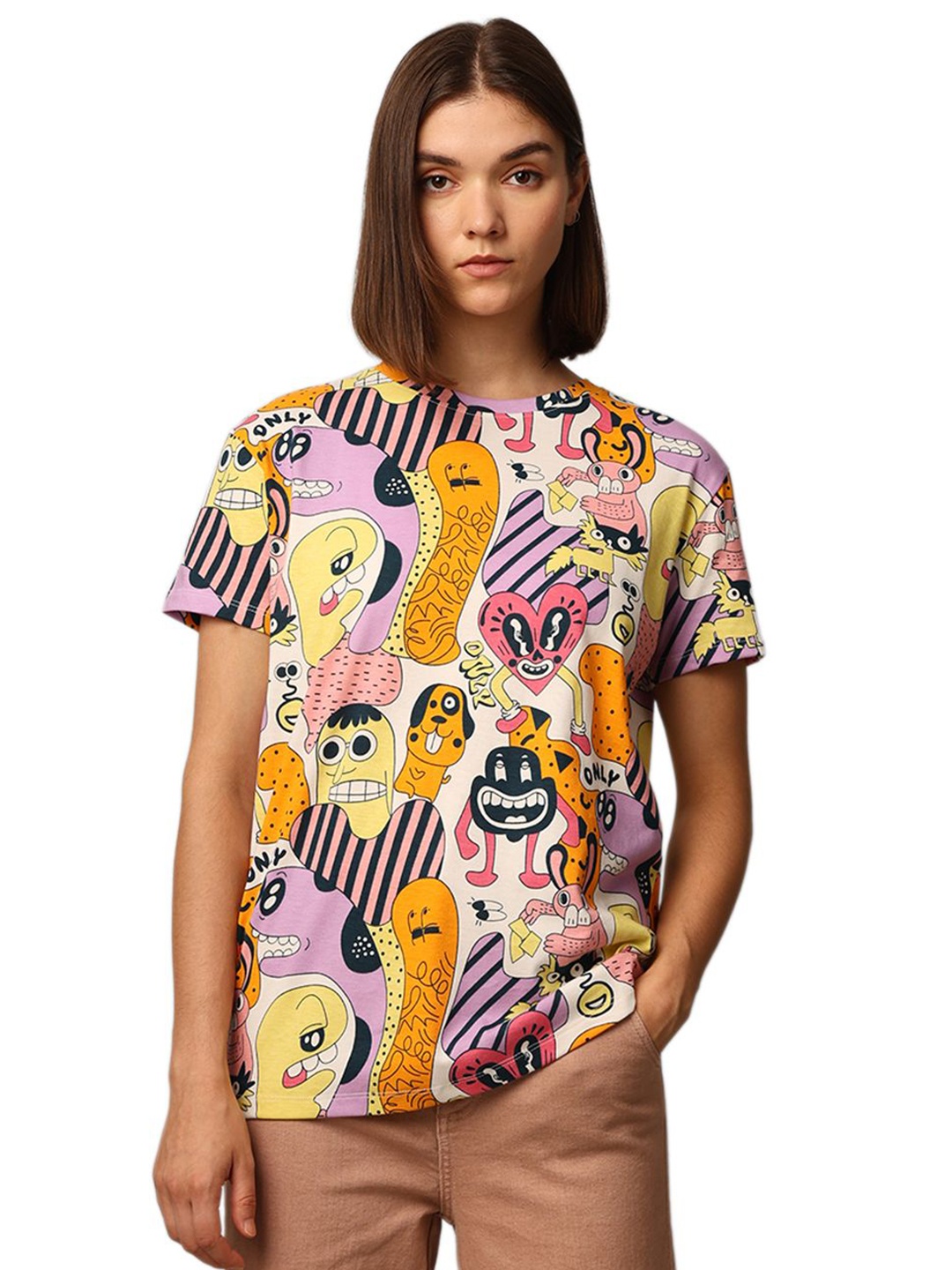 

ONLY Women Graphic Printed Round Neck Cotton T-shirt, Pink