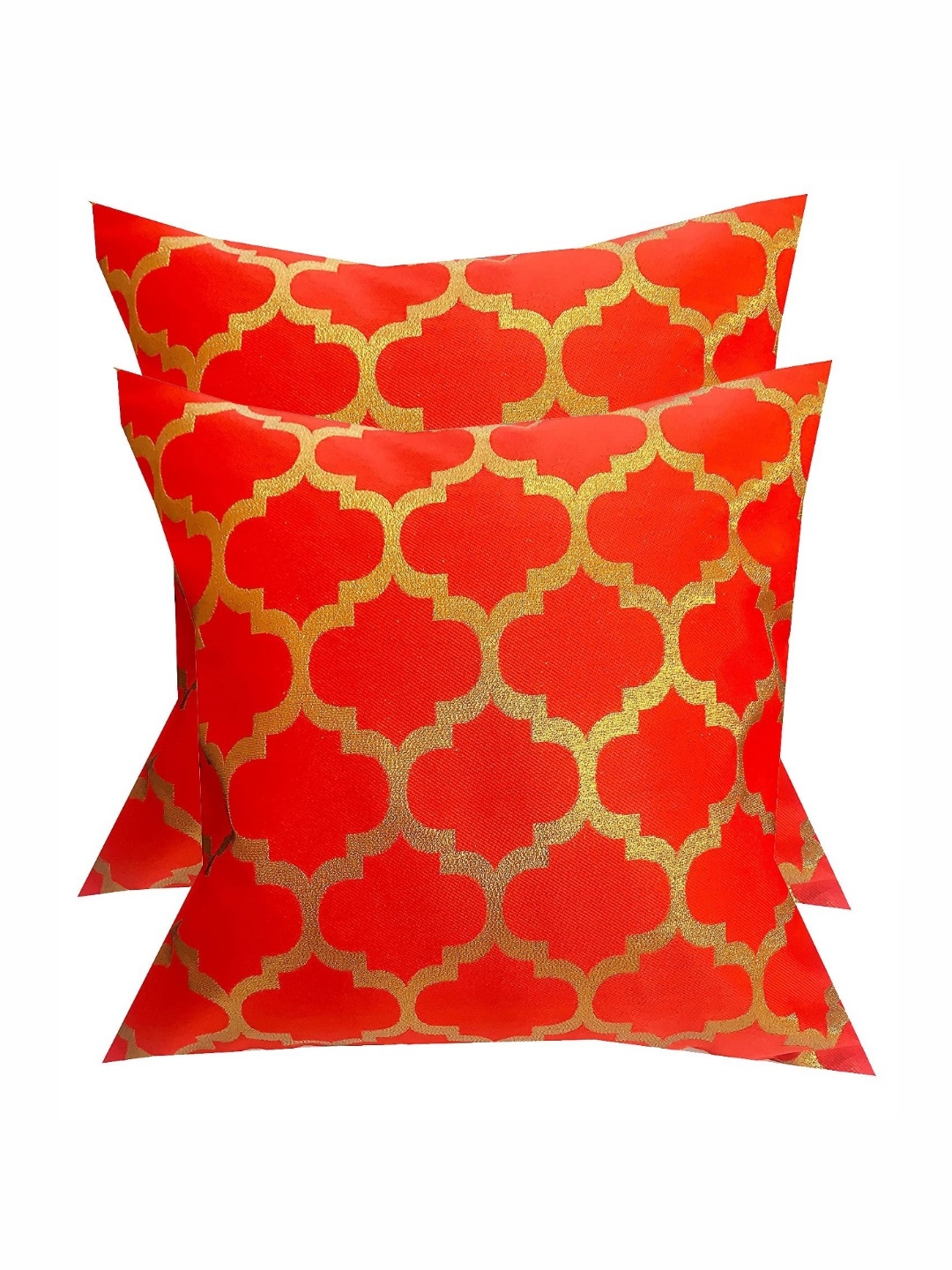 

Pink Parrot Red & Gold Toned 2 Pieces Geometric Printed Square Cushion Covers