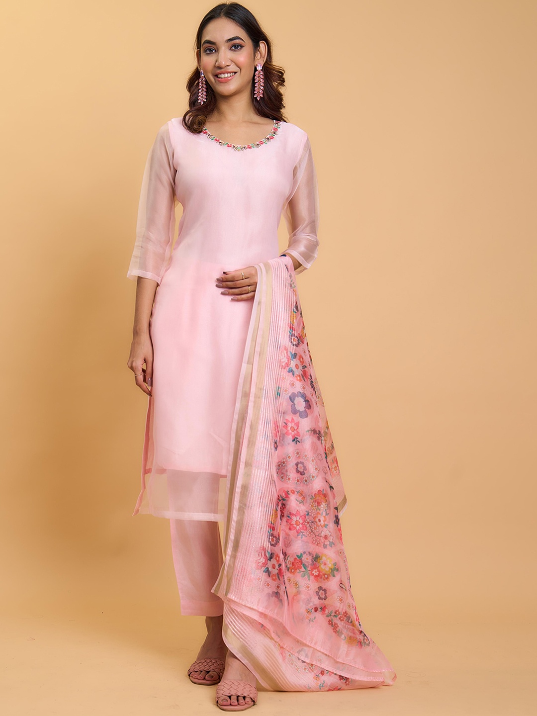 

HERE&NOW Round Neck Organza Straight Kurta with Trousers & Dupatta, Pink