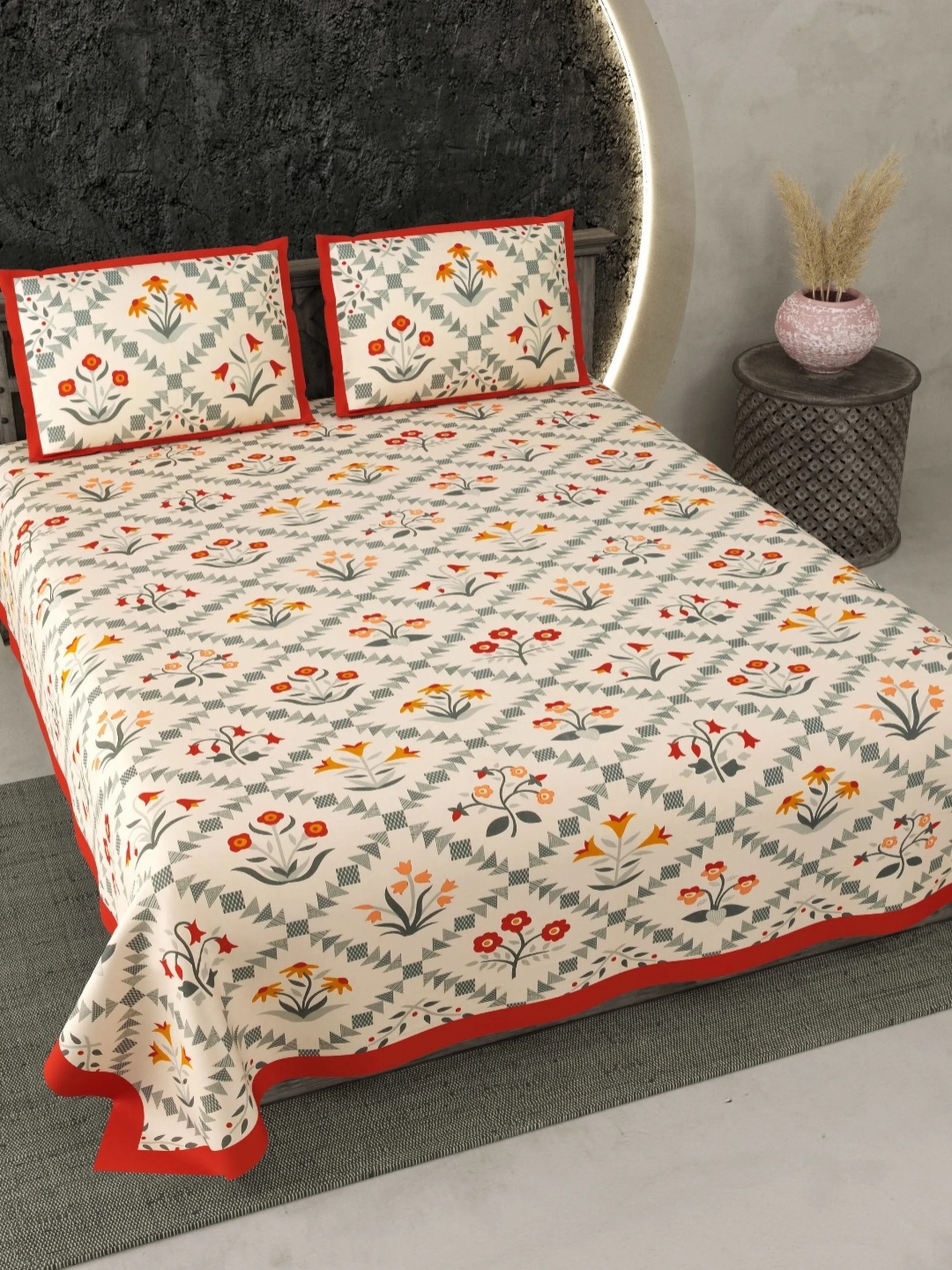 

LIVING ROOTS Orange Floral Printed 210 TC Cotton King Bedsheet with 2 Pillow Covers